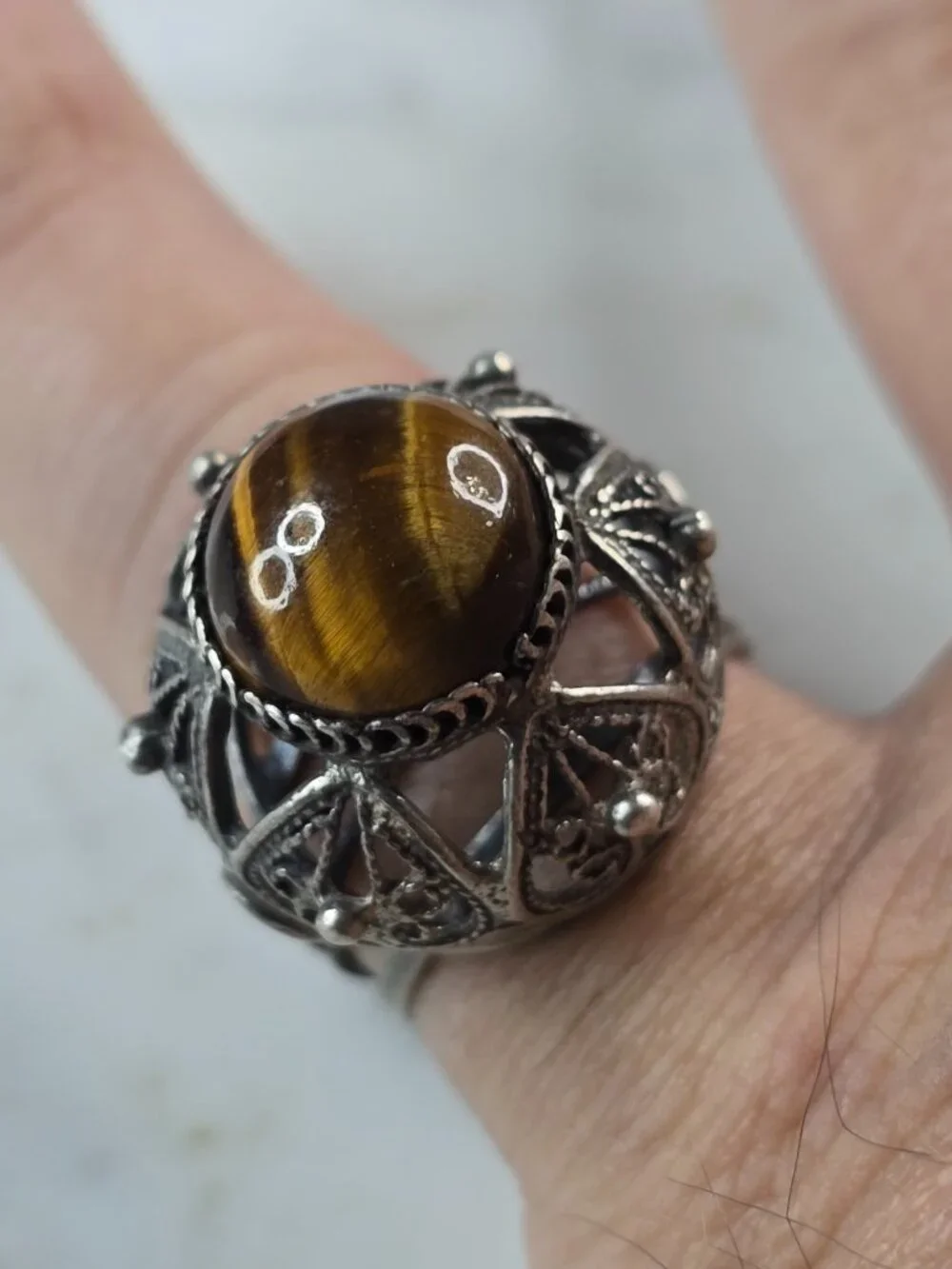 Womens Vintage Estate Sterling Silver Tigers Eye Cocktail Ring 7.1g E4110
